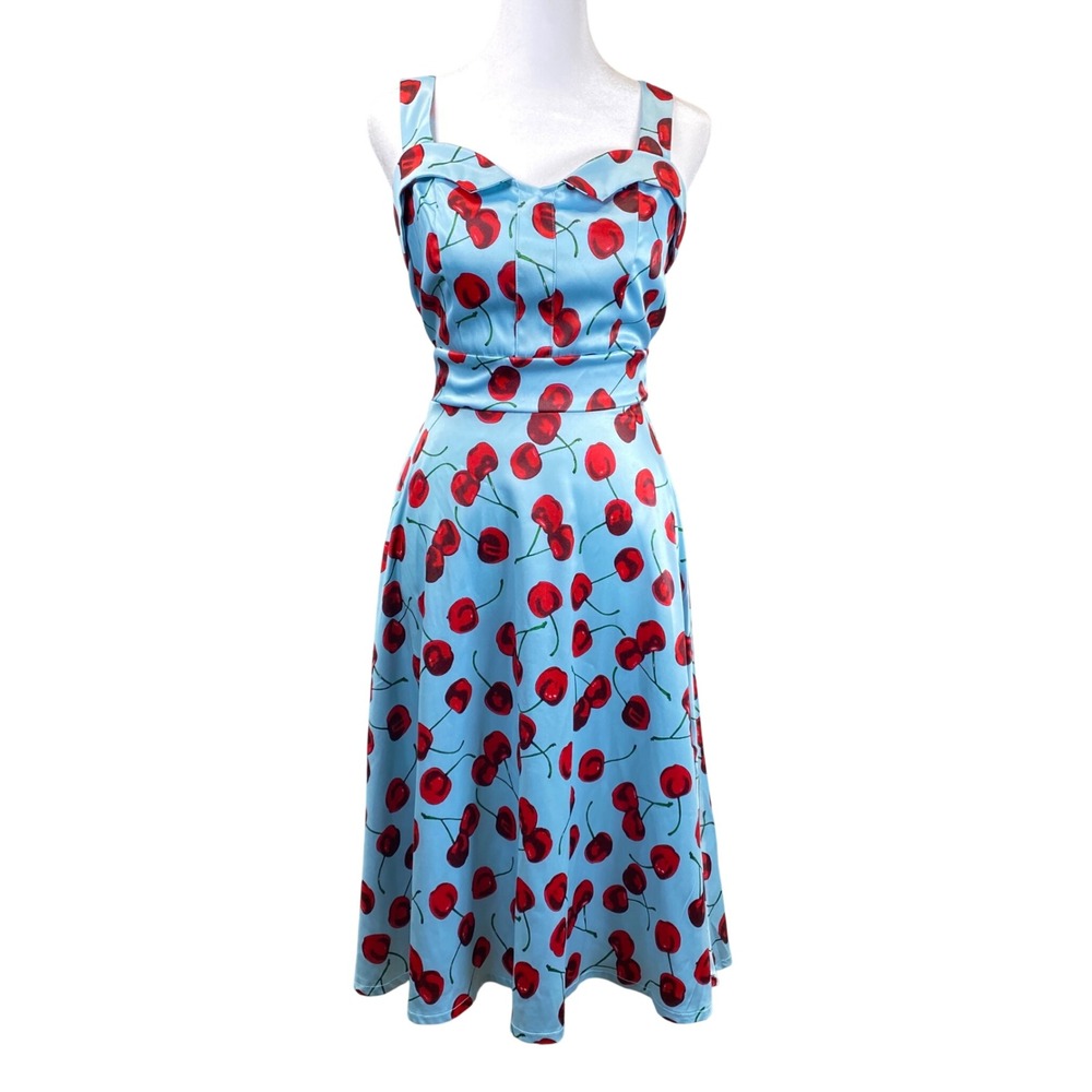 DressV‎ Womens Blue Cherry Print Rockabilly Pinup Dress Sweetheart Midi Small